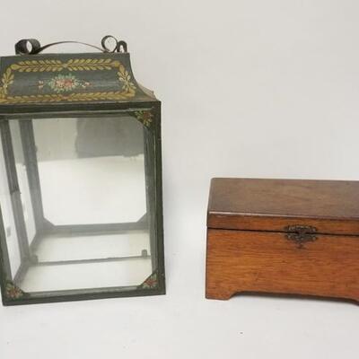 1276	WOODEN BOX & GLASS LANTERN, LANTERN HAS PAINTED TIN FRAME & IS 10 IN X 5 IN, 15 IN H  
