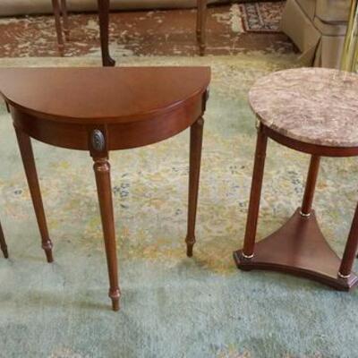 1319	GROUP OF 4 OCCASIONAL TABLES/STANDS, ONE W/BROWN MARBLE TOP, DEMI LUNE IS 24 IN WIDE
