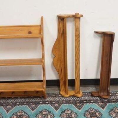 1353	LOT OF 4 HANGING SHELVES MADE FROM OAK, PINE & WALNUT, LARGEST/SCALLOPED EDGE IS 48 IN X 34 IN X 9 1/2 IN DEEP
