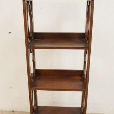 1160	DIMINUTIVE NARROW SOLID MAHOGANY SHELF HAS TWO DRAWERS AT THE BASE & FRET WORK CUT OUT SIDES, 13 1/2 IN X 17 IN X 44 IN H 
