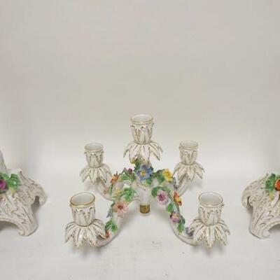 1142	DRESDEN CANDLE STICKS WITH ONE CANDELBRA SOME LOWER LOSS 12 1/2 IN H 
