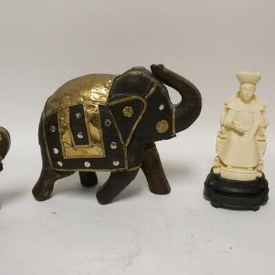 1130	LOT OF DECORATIVE ITEMS INCLUDING A WOOD ELEPHANT W/ BRASS & COPPER TRIM & TWO ASIAN COMPOSITE FIGURES
