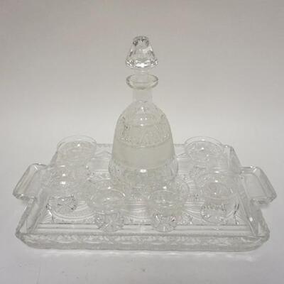 1229	CUT GLASS CORDIAL SET W/ TRAY 16 IN X 9 IN 
