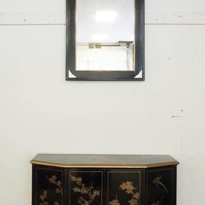 1078	CHINOISERIE DECORATED CREDENZA & MIRROR. CREDENZA IS 42 IN W, 32 IN H, 13 IN DEEP. MIRROR IS 24 IN X 48 IN 
