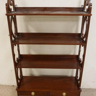 1159	DIMINUTIVE SOLID MAHOGANY SHELF W/ FRET WORK CUT OUT SIDES & FOUR DRAWER BOTTOM, 25 1/2 IN X 8 1/2 IN DEEP, 44 IN H 
