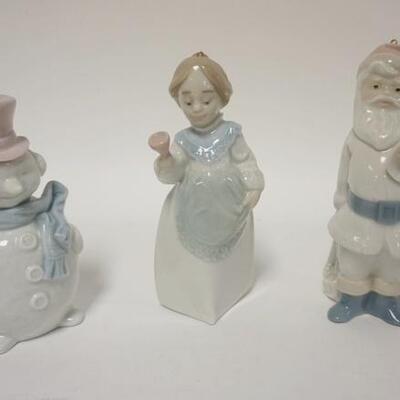 1116	3 LLADRO FIGURES; SANTA, A SNOWMAN & A WOMAN RINGING A BELL 5 IN H 
