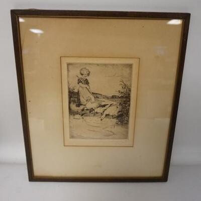 1178	LOUIS SZANTO PRINT OF A GIRL W/ GEESE, 13 3/4 IN X 16 1/2 IN INCLUDING FRAME 

