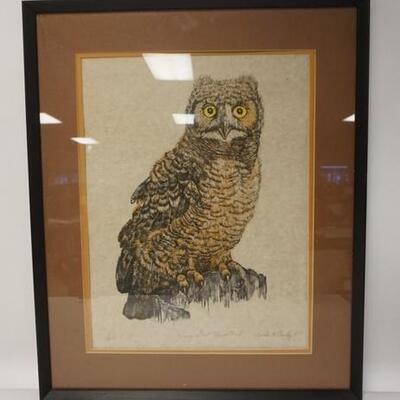 1174	MARTHA H CROWLEY PRINT OF A YOUNG GREAT HORNED OWL, 1975. 18 IN X 22 IN INCLUDING FRAME IS DOUBLE MATTED
