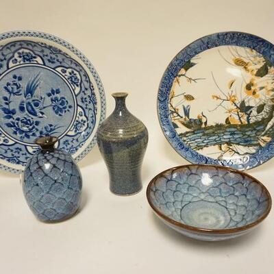 1243	FIVE PIECE LOT INCLUDING TWO ASIAN STYLE 12 1/2 IN PLATES & THREE PIECES OF SIGNED ART POTTERY 

