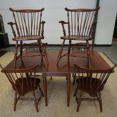 1291	DROP LEAF TABLE W/ 6 BRACE BACK WINDSOR STYLE CHAIRS. TABLE IS 68 IN X 46 IN, 30 IN H 
