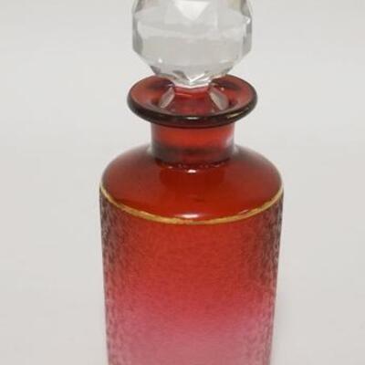 1132	RUBINA GLASS BOTTLE  W/ TEXTURED EXTERIOR & GILT TRIM 
