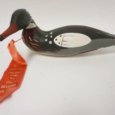 1217	WOOD DUCK DEOCY STAMPED W. OLER & NUMBERD 11R W/ A SECOND PLACE RIBBON FROM LONG BEACH ISLAND CARVING N.J. 1994, 16 IN 
