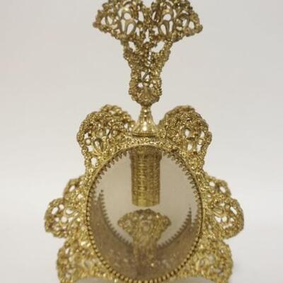 1131	LARGE PERFUME W/ BEVELED OVAL GLASS & PIERCED GILT METAL. 9 IN H 
