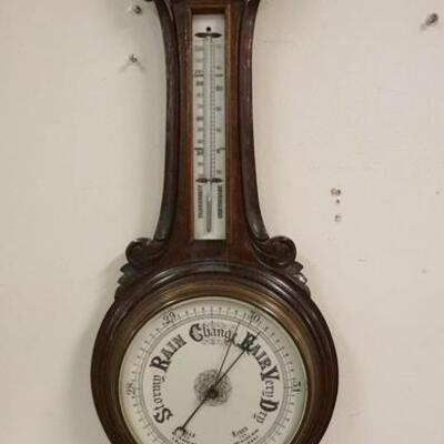 1114	CARVED HANGING BAROMETER & THEROMETER STOP MISSING UNDER THEROMETER GLASS, 38 IN H 
