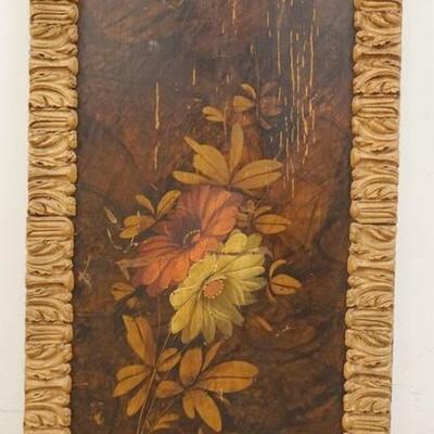 1269	FLORAL PAINTING ON BOARD IN A CARVED FRAME, 14 IN X 24 IN INCLUDING FRAME
