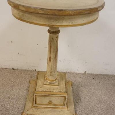 1092	ROUND PEDESTAL LAMP TABLE W/ 1 DRAWER AT BASE HAS PAINT DISTILLED FINISH W/ GILT TRIM. 16 IN X 28 IN 
