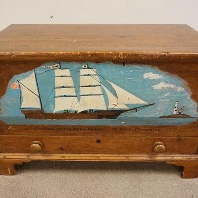 1158	ANTIQUE DOVETAILED CHEST W/ TWO LOWER DRAWERS ON BRACKET FEET & A FOLKART HAND PAINTED SAILING SHIP & LIGHTHOUSE ON THE FRONT, 43 IN...