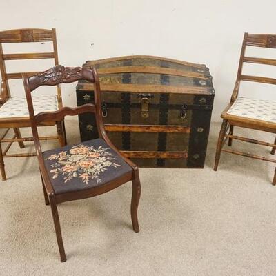 1309	LARGE DOME TRUNK & 3 CHAIRS, CHAIRS ARE A PAIR & A SINGLE, TRUNK IS 35 IN X 21 IN X 30 IN HIGH
