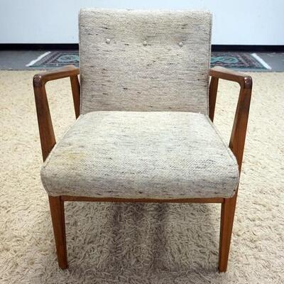 1026	MID CENTURY MODERN UPHOLSTERED ARM CHAIR WITH WALNUT FRAME, UPHOLSTERY HAS STAINING
