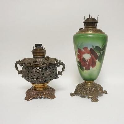 1313	2 VICTORIAN PARLOR LAMP BASES, ONE IS METAL, ONE HAND PAINTED GLASS, TALLEST IS 17 IN

