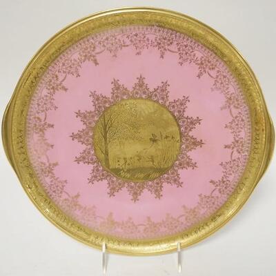 1147	BAVARIAN HUTSCHENREUTHER TRAY W/ PINK LUSTER AND GILT CENTER AND RIM DEPICTING WINGED FAIRIES 
