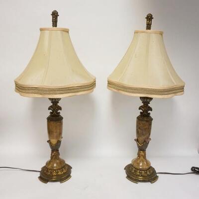 1134	PAIR OF TABLE LAMPS W/ MARBLE COLUMNS 33 IN 
