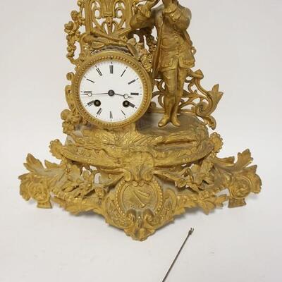 1242	ANTIQUE CLOCK W/ A GILT CAST METAL CASE, HAS DAMAGE TO TOP, 14 IN H 
