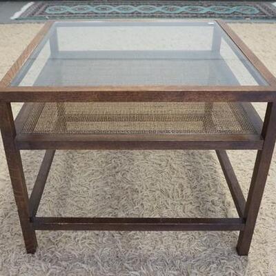 1041	MID CENTURY MODERN END TABLE WITH INSET GLASS TOP AND CANE LOWER SHELF, 26 IN X 26 IN X 21 IN HIGH
