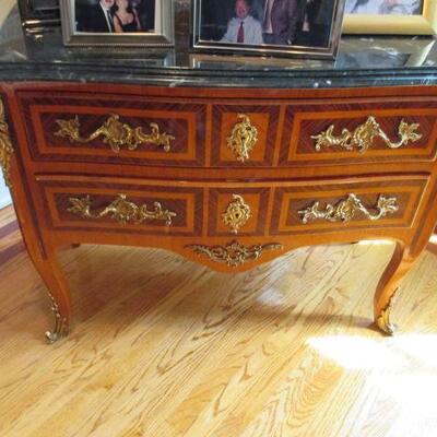 French Louis XV Style Marble Top Commodes With Gold Accents & Drawer Pulls 
