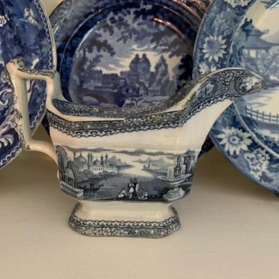 antique creamer, blue and white, transferware, made in England