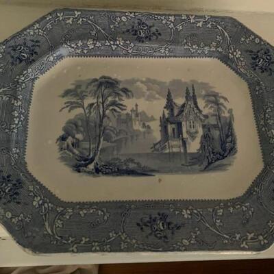 antique platter, blue and white, transferware, made in England