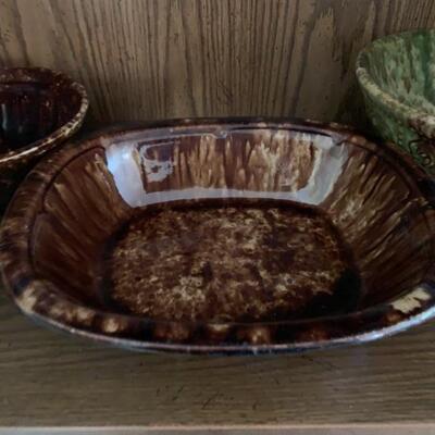 antique spatterware, green, brown, bowls, bundt cake, baking dish, pitcher