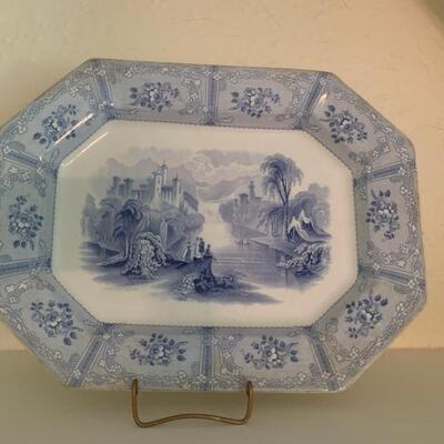 antique platter, blue and white, transferware, Heath, made in England