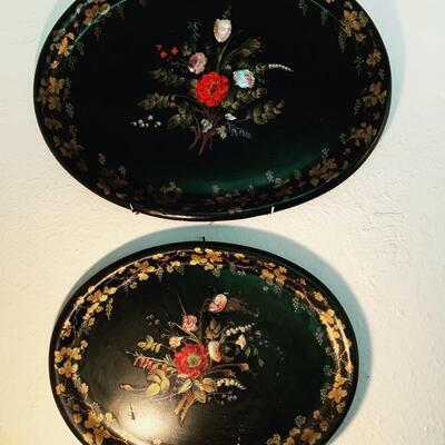 Victorian paper mÃ¢chÃ© trays with mother of pearl inlay, 19th century