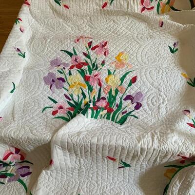 vintage quilt, irises, flowers