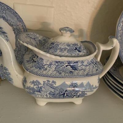 antique teapot, blue and white, transferware, made in England