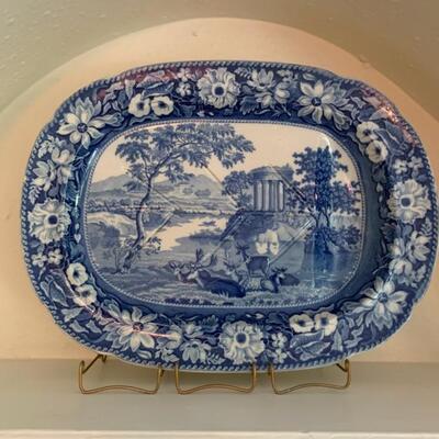 antique meat platter, blue and white, transferware, made in England, Staffordshire