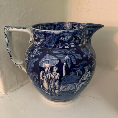 antique pitcher, blue and white, transferware, made in England