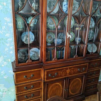 Awesome antique china cabinet with curved glass, wood inlays and pull out desk