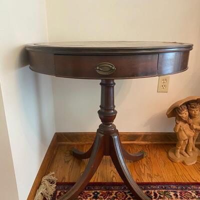 Antique 2-Drawer Leather Top Drum Table - 27"H x 27"Dia. - $60
