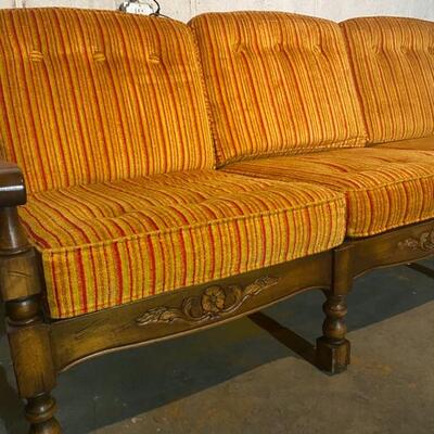 Vintage Gold & Red Striped 3-Seater Sofa - 35"H x 80"W x 35"D - $100