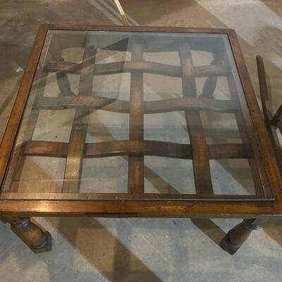 Square Glass Top Weaved Wood Accent Table - 17"H x 30"W x 30"D - $60
