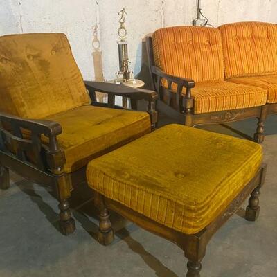 Vintage Mustard Chair & Ottoman - 35"H x 31.5"W x 36"D (Chair) + 17"H x 26"W x 21"D (Ottoman) - $90
