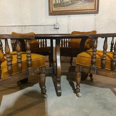 Vintage Wood Round Table w/4 Barrel Chairs - 26.5"H x 48"Dia (Table) + 30"H x 26"W x 27"D (Chair) - $140