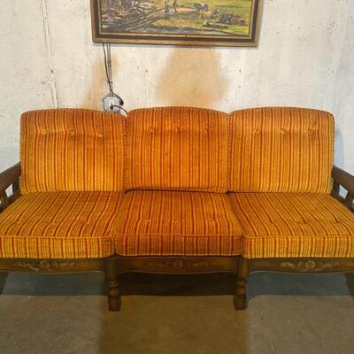 Vintage Gold & Red Striped 3-Seater Sofa - 35"H x 80"W x 35"D - $100