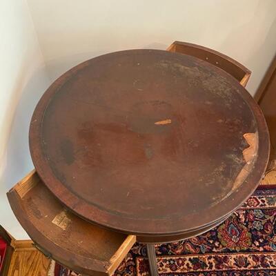Antique 2-Drawer Leather Top Drum Table - 27"H x 27"Dia. - $60