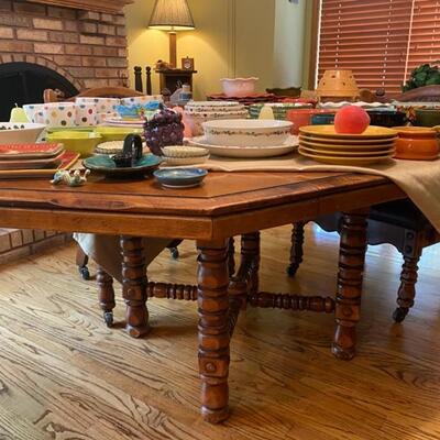 1970's Solid Wood Dining Table & 4 Cain Back Leather Seating Arm Chairs - 27.5"H x 61"W x 44"D - $220