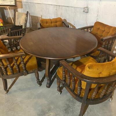 Vintage Wood Round Table w/4 Barrel Chairs - 26.5"H x 48"Dia (Table) + 30"H x 26"W x 27"D (Chair) - $140