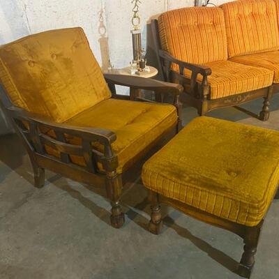 Vintage Mustard Chair & Ottoman - 35"H x 31.5"W x 36"D (Chair) + 17"H x 26"W x 21"D (Ottoman) - $90
