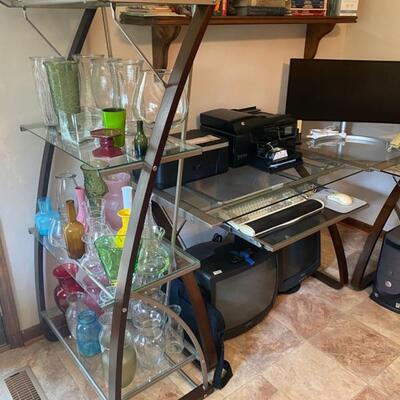 Glass Top Modular Corner Desk & Matching Glass Top 4-Tier Shelf